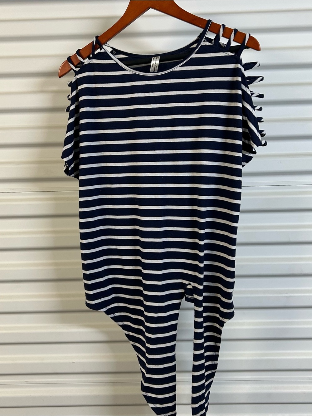 PerSeption Concept Navy and White Striped Cold-Shoulder Top